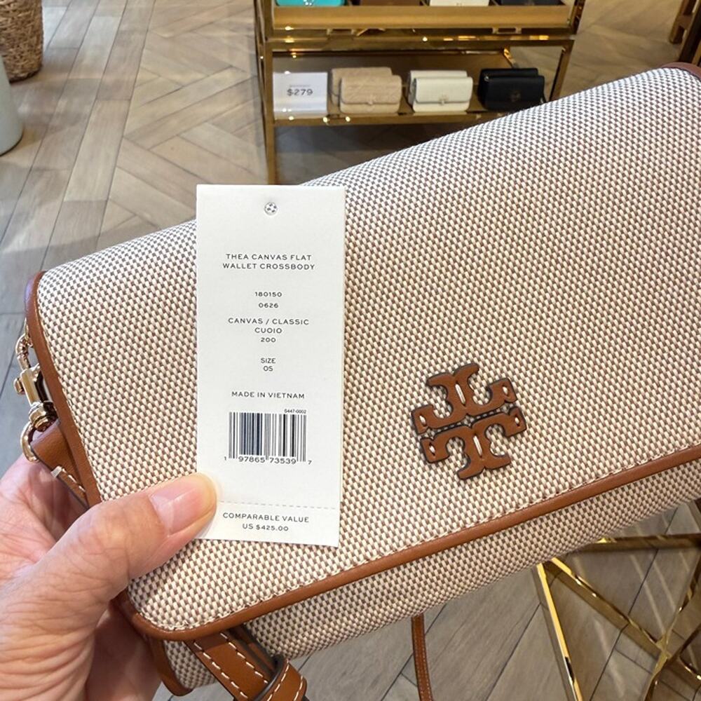 Tory Burch Thea Canvas Flat Wallet Crossbody 180150 Canvas / Classic Cuoio $425 - Picture 6 of 7